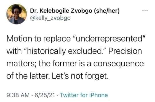 The meme is a screenshot of a tweet from a Twitter user named @Dr.KelebogileZ, which reads: "Motion to replace 'underrepresented' with 'historically excluded' is a step in the right direction, but let's not forget that the root of the problem is the system, not the people."